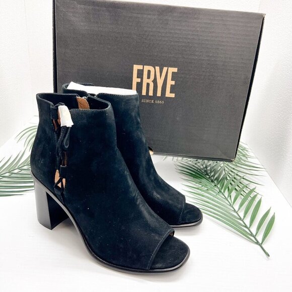 Frye Amy Side Ghillie Black Suede Leather Open Toe Ankle Boots Size 9M NWB - Picture 13 of 13